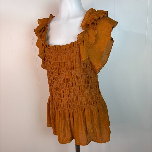 Nanette Lepore Top Medium Orange Ruffle Flutter Sleeve Smocked Peplum Blouse - Picture 3 of 8